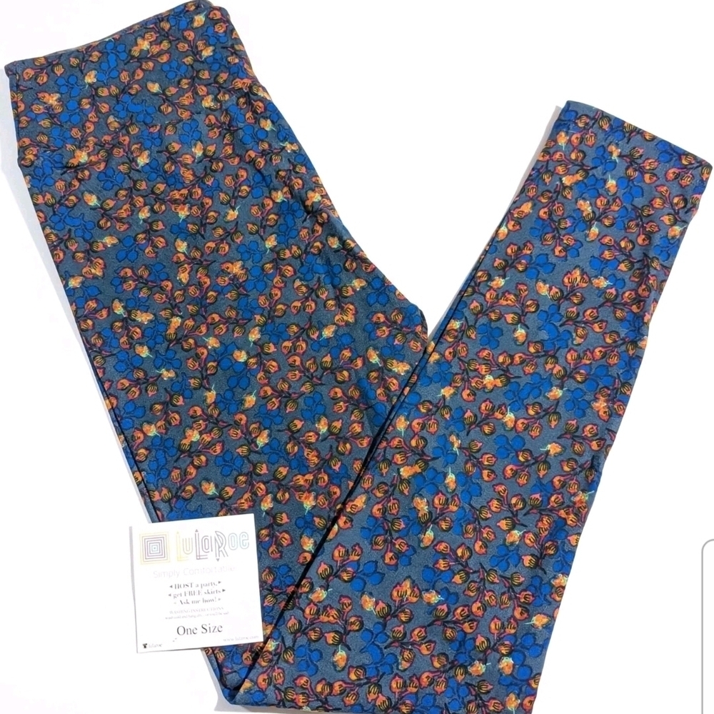 NWT LuLaRoe OS Leggings, Original, Blue Multi-Colored Leaf Pattern, One-Size NEW